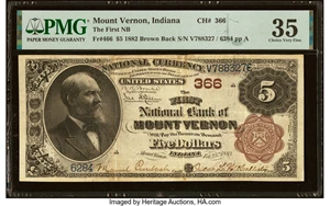 image for: Mount Vernon, IN - $5 1882 Brown Back Fr. 466 The First National Bank Ch. # 366 PMG Choice Very Fine 35....
