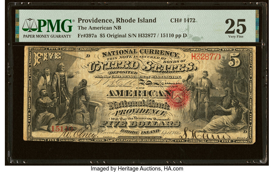image for: Providence, RI - $5 Original Fr. 397a The American National Bank Ch. # 1472 PMG Very Fine 25....