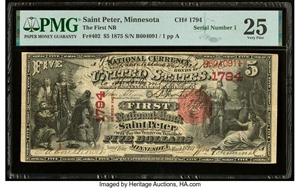 image for: Serial Number 1 Saint Peter, MN - $5 1875 Fr. 402 The First National Bank Ch. # 1794 PMG Very Fine 25....