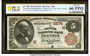image for: Bucyrus, OH - $5 1882 Brown Back Fr. 467 The Second National Bank Ch. # (M)3274 PCGS Banknote Gem Unc 66 PPQ....