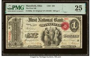 image for: Mansfield, OH - $1 Original Fr. 380a The First National Bank Ch. # 436 PMG Very Fine 25....