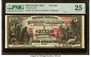 image for: Monroeville, OH - $5 1875 Fr. 404 The First National Bank Ch. # 2438 PMG Very Fine 25....