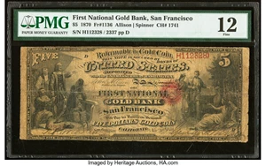 image for: San Francisco, CA - $5 1870 Fr. 1136 The First National Gold Bank Ch. # 1741 PMG Fine 12....