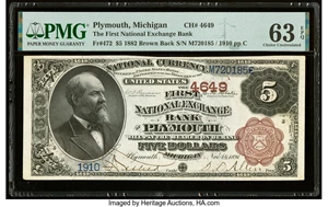 image for: Plymouth, MI - $5 1882 Brown Back Fr. 472 The First National Exchange Bank Ch. # 4649 PMG Choice Uncirculated 63 EPQ....
