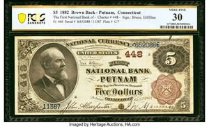 image for: Putnam, CT - $5 1882 Brown Back Fr. 466 The First National Bank Ch. # 448 PCGS Banknote Very Fine 30....