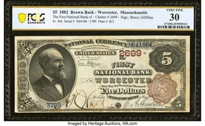 image for: Worcester, MA - $5 1882 Brown Back Fr. 466 The First National Bank Ch. # 2699 PCGS Banknote Very Fine 30....