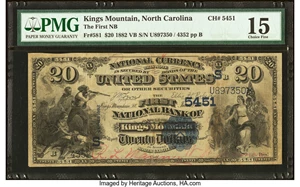 image for: Kings Mountain, NC - $20 1882 Value Back Fr. 581 The First National Bank Ch. # (S)5451 PMG Choice Fine 15....