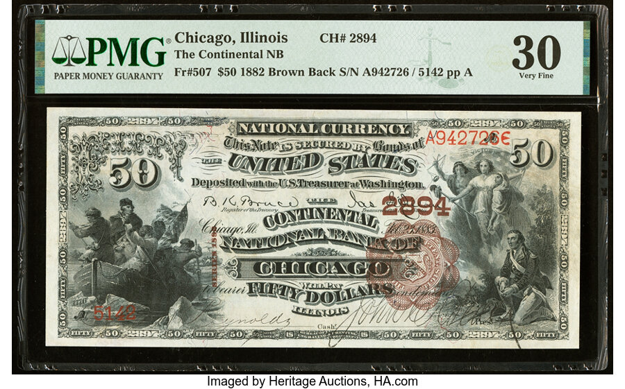 image for: Chicago, IL - $50 1882 Brown Back Fr. 507 The Continental National Bank Ch. # 2894 PMG Very Fine 30....