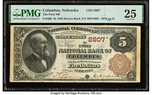 image for: Columbus, NE - $5 1882 Brown Back Fr. 466 The First National Bank Ch. # 2807 PMG Very Fine 25....