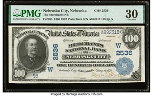 image for: Nebraska City, NE - $100 1902 Plain Back Fr. 705 The Merchants National Bank Ch. # (W)2536 PMG Very Fine 30....