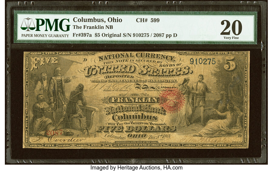 image for: Columbus, OH - $5 Original Fr. 397a The Franklin National Bank Ch. # 599 PMG Very Fine 20....