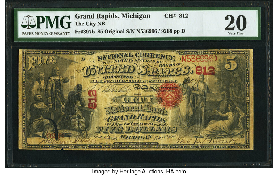 image for: Grand Rapids, MI - $5 Original Fr. 397b The City National Bank Ch. # 812 PMG Very Fine 20....