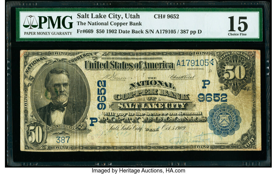 image for: Salt Lake City, UT - $50 1902 Date Back Fr. 669 The National Copper Bank Ch. # (P)9652 PMG Choice Fine 15....