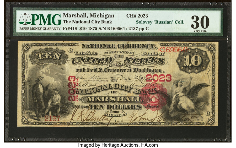 image for: Marshall, MI - $10 1875 Fr. 418 The National City Bank Ch. # 2023 PMG Very Fine 30....