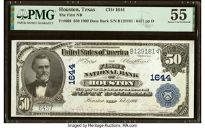 image for: Houston, TX - $50 1902 Date Back Fr. 668 The First National Bank Ch. # 1644 PMG About Uncirculated 55....