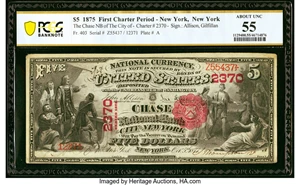 image for: New York, NY - $5 1875 Fr. 403 The Chase National Bank Ch. # 2370 PCGS Banknote About Unc 55....