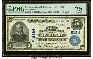 image for: McHenry, ND - $5 1902 Plain Back Fr. 599 The First National Bank Ch. # (W)8124 PMG Very Fine 25....