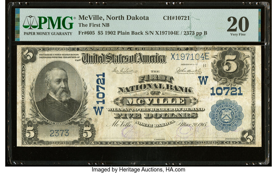 image for: McVille, ND - $5 1902 Plain Back Fr. 605 The First National Bank Ch. # (W)10721 PMG Very Fine 20....