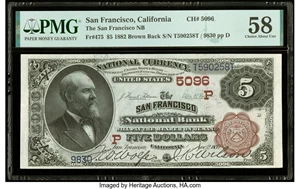 image for: San Francisco, CA - $5 1882 Brown Back Fr. 475 The San Francisco National Bank Ch. # (P)5096 PMG Choice About Unc 58....