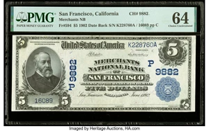 image for: San Francisco, CA - $5 1902 Date Back Fr. 594 Merchants National Bank Ch. # (P)9882 PMG Choice Uncirculated 64....
