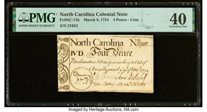 image for: North Carolina March 9, 1754 4d Lion PMG Extremely Fine 40....