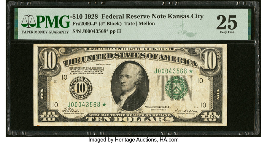 image for: Fr. 2000-J* $10 1928 Federal Reserve Star Note. PMG Very Fine 25....