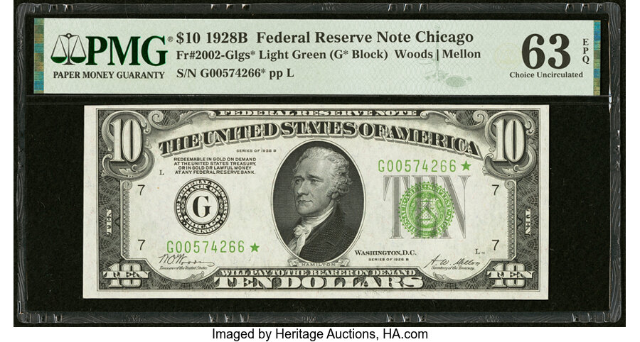image for: Fr. 2002-G* $10 1928B Light Green Seal Federal Reserve Star Note. PMG Choice Uncirculated 63 EPQ....