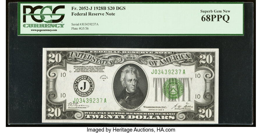 image for: Fr. 2052-J $20 1928B Federal Reserve Note. PCGS Superb Gem New 68PPQ....