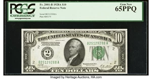 image for: Fr. 2001-B $10 1928A Federal Reserve Note. PCGS Gem New 65PPQ....