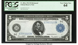 image for: Fr. 863a $5 1914 Federal Reserve Note PCGS Very Choice New 64....