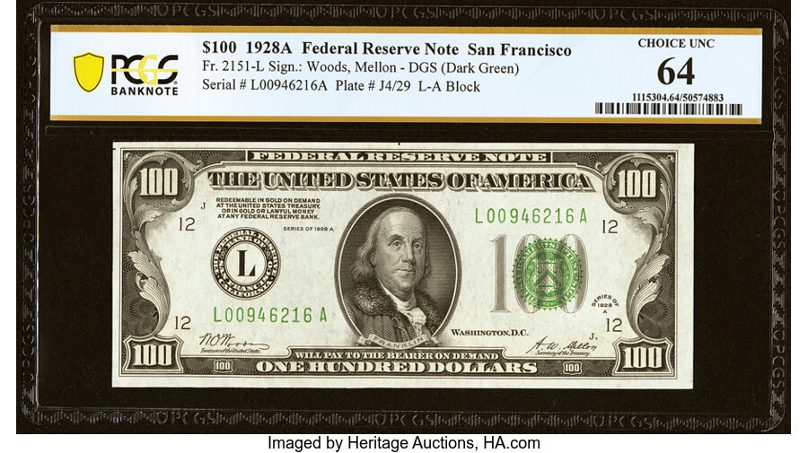 image for: Fr. 2151-L $100 1928A Federal Reserve Note. PCGS Banknote Choice Unc 64....