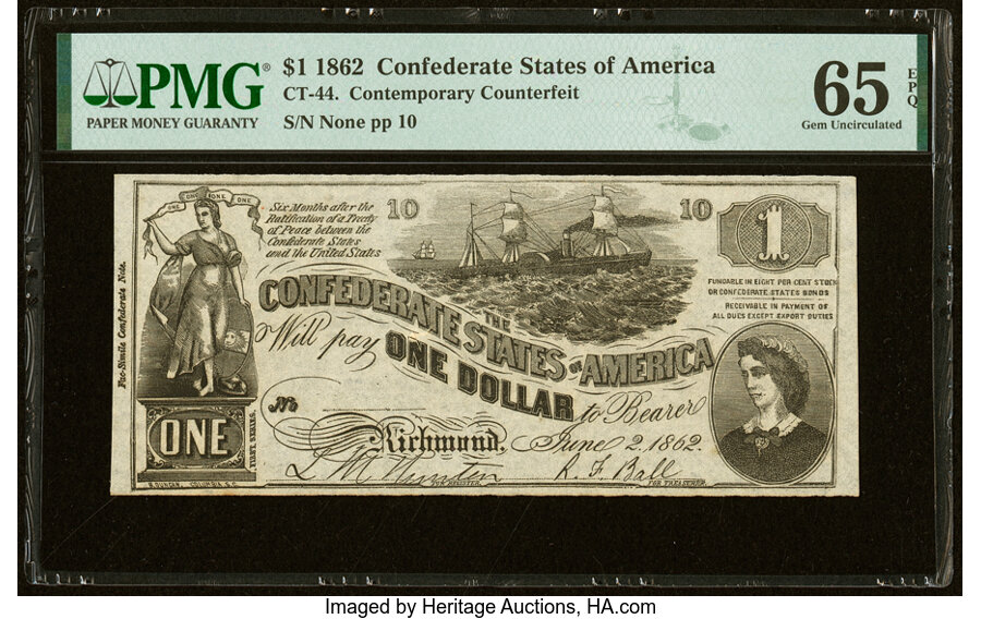 image for: CT44/339 Contemporary Counterfeit $1 1862 PMG Gem Uncirculated 65 EPQ....