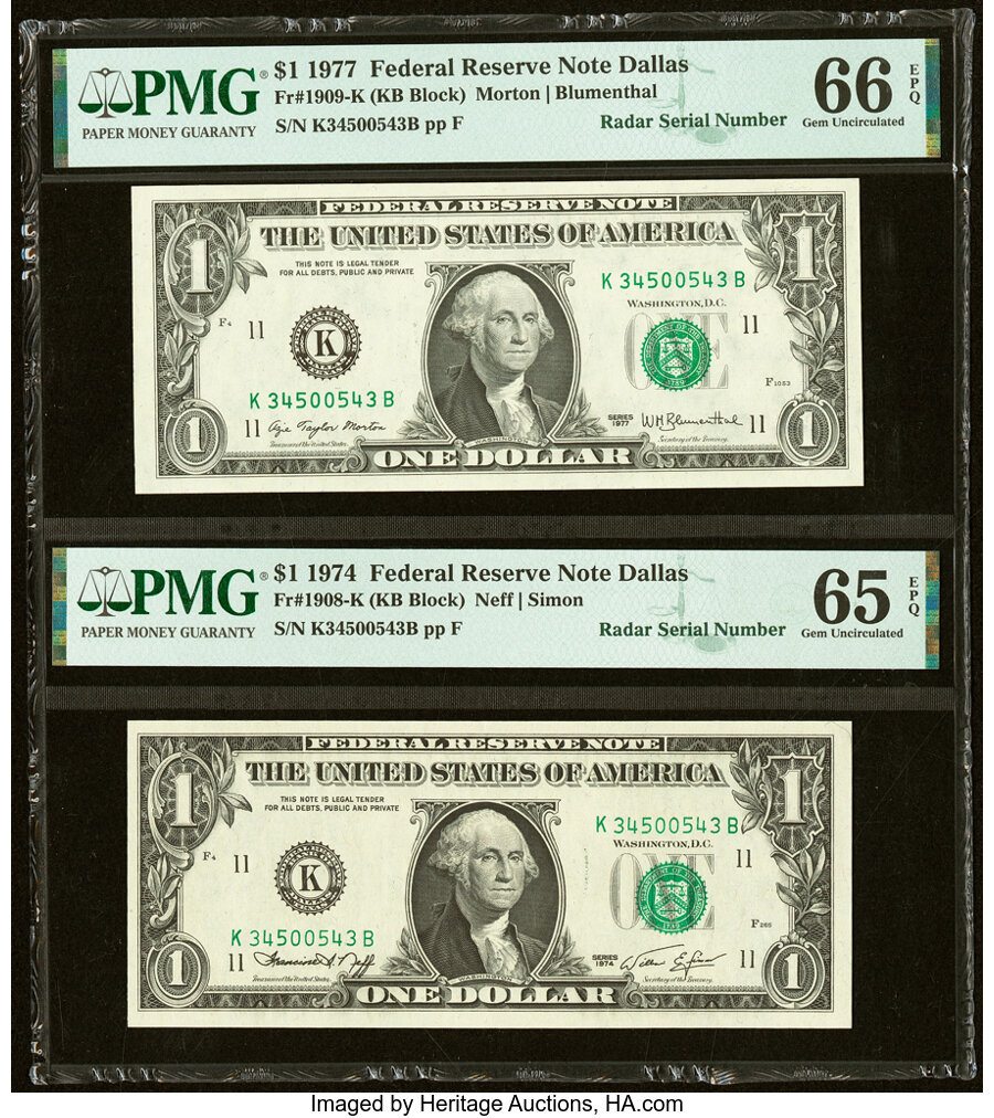 image for: Matching Radar Serial Number 34500543 Fr. 1908-K $1 1974 Federal Reserve Note. PMG Gem Uncirculated 65 EPQ; Fr. 1909-K $1 1977...