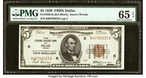 image for: Fr. 1850-K $5 1929 Federal Reserve Bank Note. PMG Gem Uncirculated 65 EPQ....