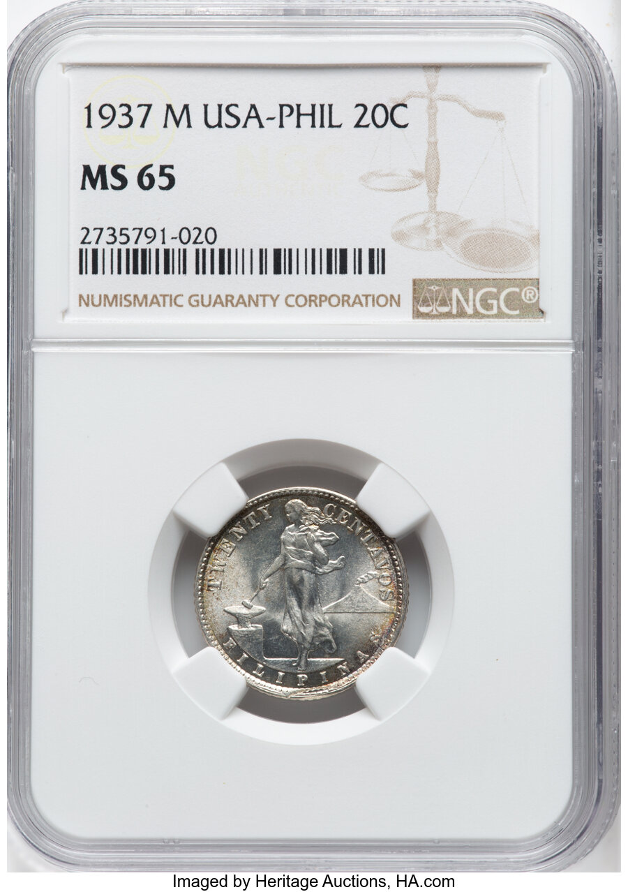 image for: 1937-M 20C Philippines 20 Centavos MS65 NGC. NGC Census: (0/0)....