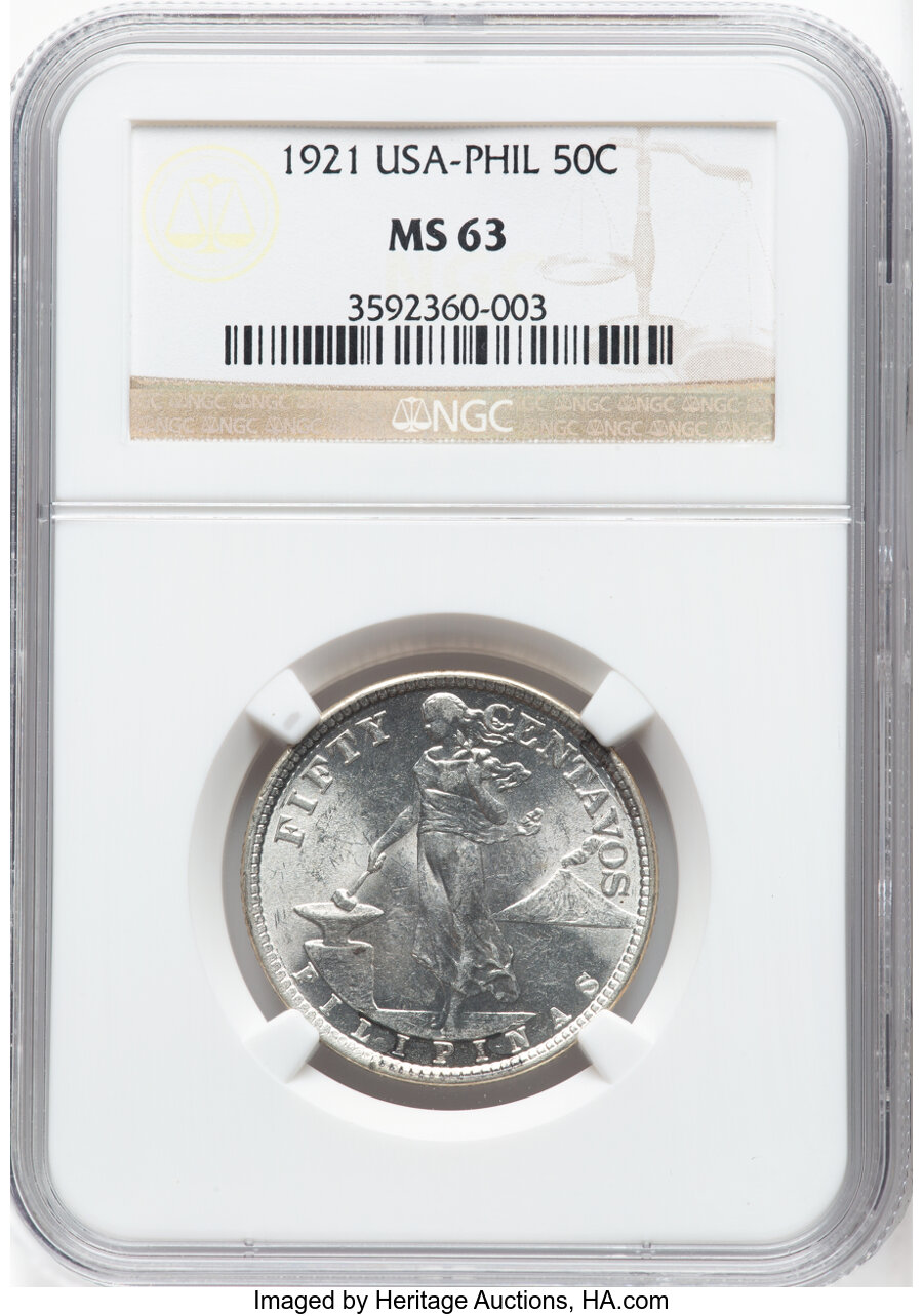 image for: 1921 50C Philippines 50 Centavos MS63 NGC....