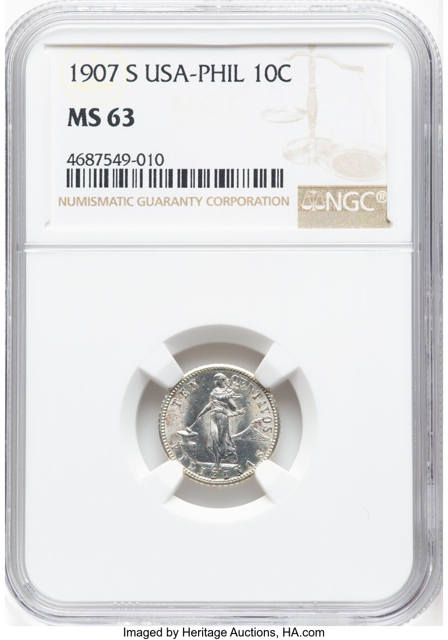 image for: 1907-S 10C Philippines 10 Centavos MS63 NGC. NGC Census: (0/0)....