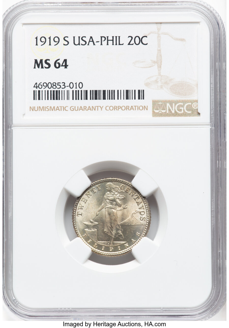 image for: 1919-S 20C Philippines 20 Centavos MS64 NGC. NGC Census: (0/0).  ...