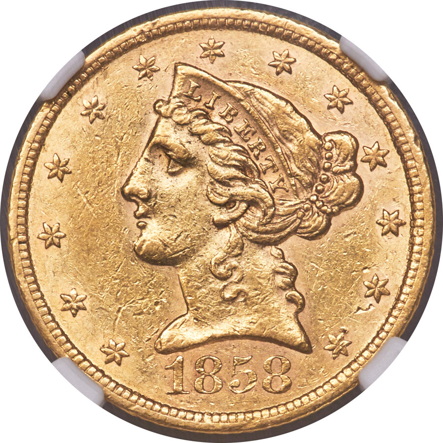 image for: 1858-S $5 AU58 NGC....