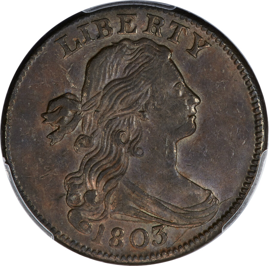 image for: 1803 1C Small Date, Small Fraction, S-254, B-13, R.1, AU58+ PCGS. CAC....