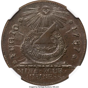 image for: 1787 Fugio Cent, STATES UNITED, 4 Cinquefoils, Pointed Rays, N. 13-X, W-6855, R.2, MS65+ Brown NGC. CAC....