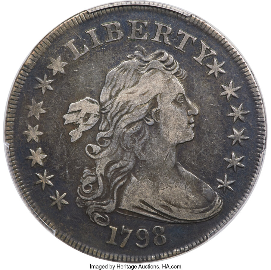 image for: 1798 $1 Large Eagle, Pointed 9, 4 Berries, 4 Lines, B-8, BB-125, R.2, VF30 PCGS....