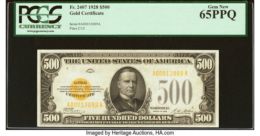 image for: Fr. 2407 $500 1928 Gold Certificate. PCGS Gem New 65PPQ....