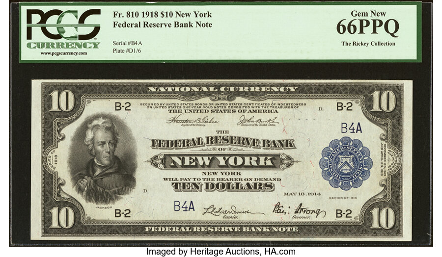 image for: Low Serial Number 4 Fr. 810 $10 1918 Federal Reserve Bank Note PCGS Gem New 66PPQ....