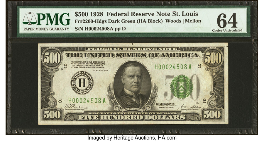 image for: Fr. 2200-H $500 1928 Federal Reserve Note. PMG Choice Uncirculated 64....