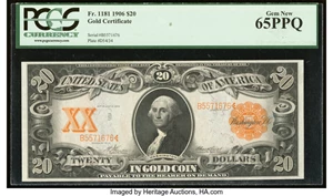 image for: Fr. 1181 $20 1906 Gold Certificate PCGS Gem New 65PPQ....