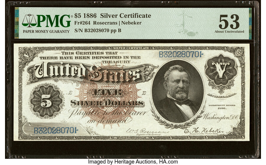 image for: Fr. 264 $5 1886 Silver Certificate PMG About Uncirculated 53....