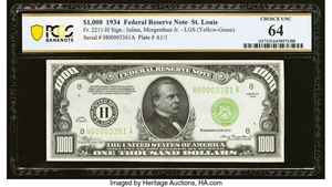 image for: Fr. 2211-H $1,000 1934 Light Green Seal Federal Reserve Note. PCGS Banknote Choice Unc 64....