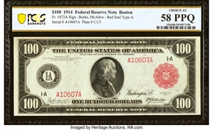 image for: Fr. 1072a $100 1914 Red Seal Federal Reserve Note PCGS Banknote Choice AU 58 PPQ....