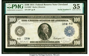image for: Low Serial Number D6* Fr. 1098* $100 1914 Federal Reserve Star Note PMG Choice Very Fine 35....